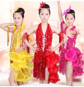 Yellow gold fuchsia hot pink red  v neck sequins rhinestones fringes tassels backless girls performance competiiton school play  ballroom latin salsa dance dresses outfits